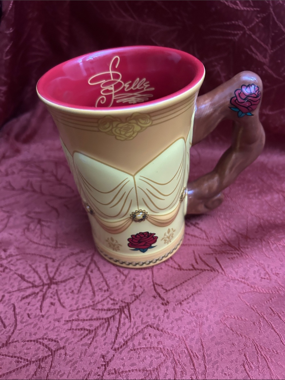 Disney Belle Yellow and Pink Floral Ceramic Mug with Sculpted Handle